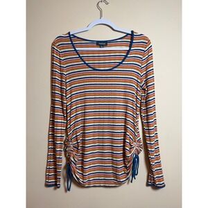 ModCloth Striped Earth Tone Ribbed Ruched Side Cinch Long Sleeve Top Size Medium